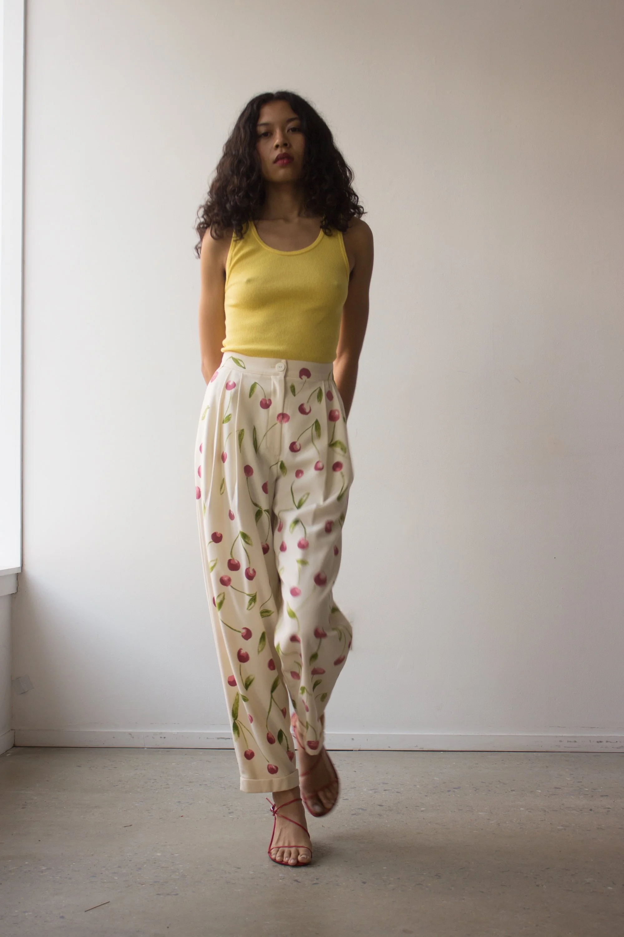 Hand-Painted Cherry Motif 80s Genny Perfect Creme Trousers